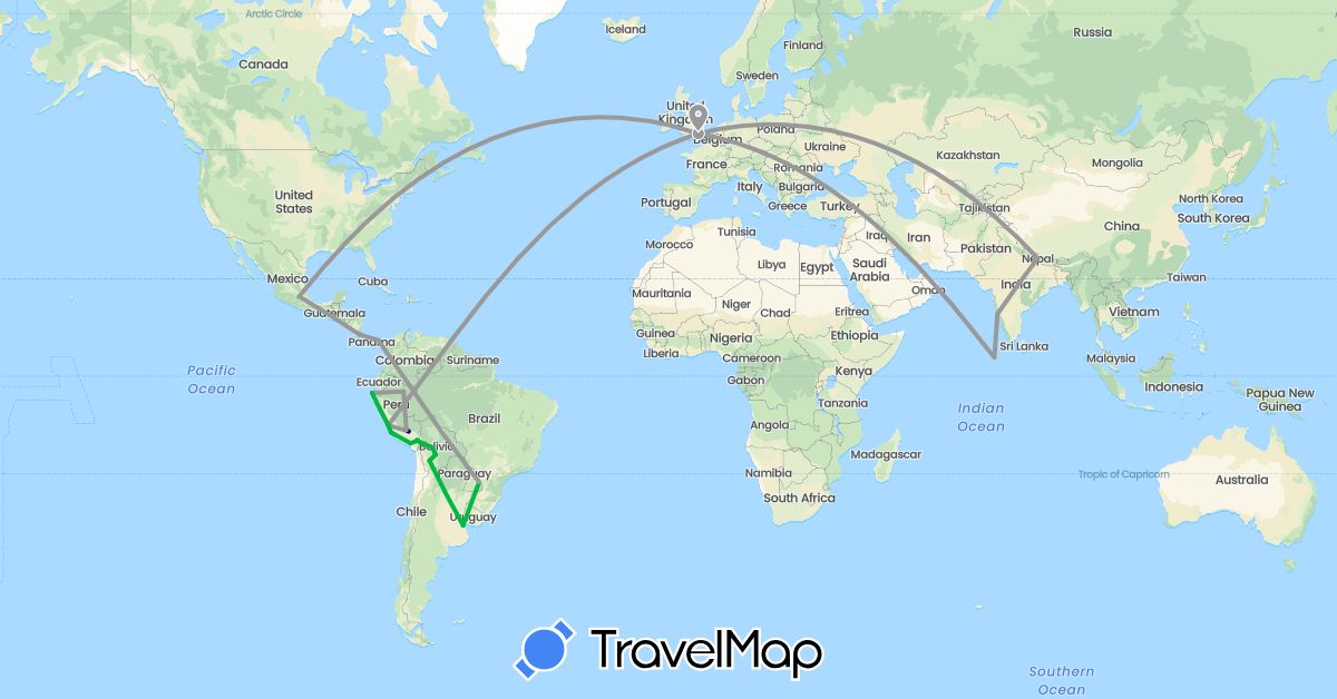 TravelMap itinerary: driving, bus, plane in Argentina, Bolivia, Brazil, Costa Rica, United Kingdom, India, Maldives, Mexico, Nepal, Panama, Peru (Asia, Europe, North America, South America)